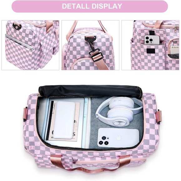 Women Pink Checkered Small Gym Carry On Weekender Travel Shoe Compartment Bag - Picture 6 of 7